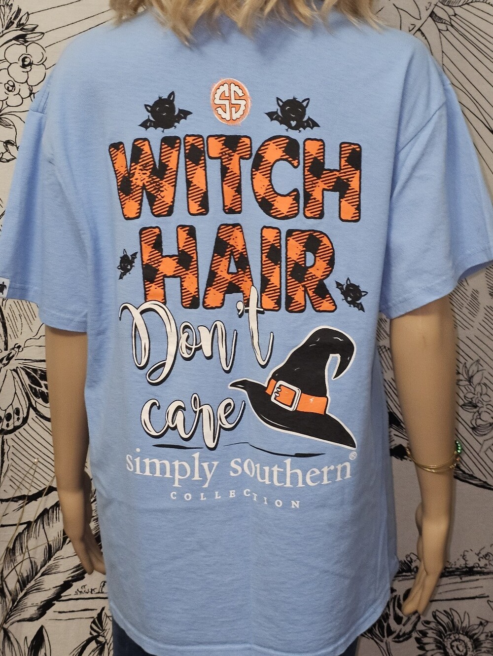 Simply Southern Light Blue Tee with Orange & Black Halloween Graphic Witch Hair